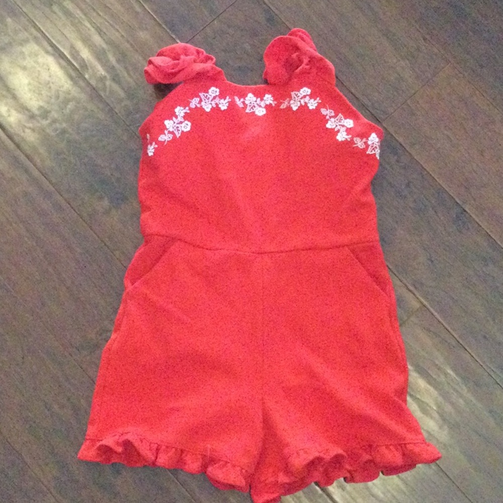 Janie and Jack Red Romper with White Floral Embroidery
